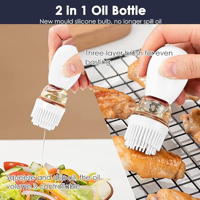 Oil Dispenser with Brush - 2 Pack Glass Olive Oil Dispenser Bottle with Silicone Basting Brush for Kitchen Cooking Vinegar Frying Baking, T-OB21S, Black+White