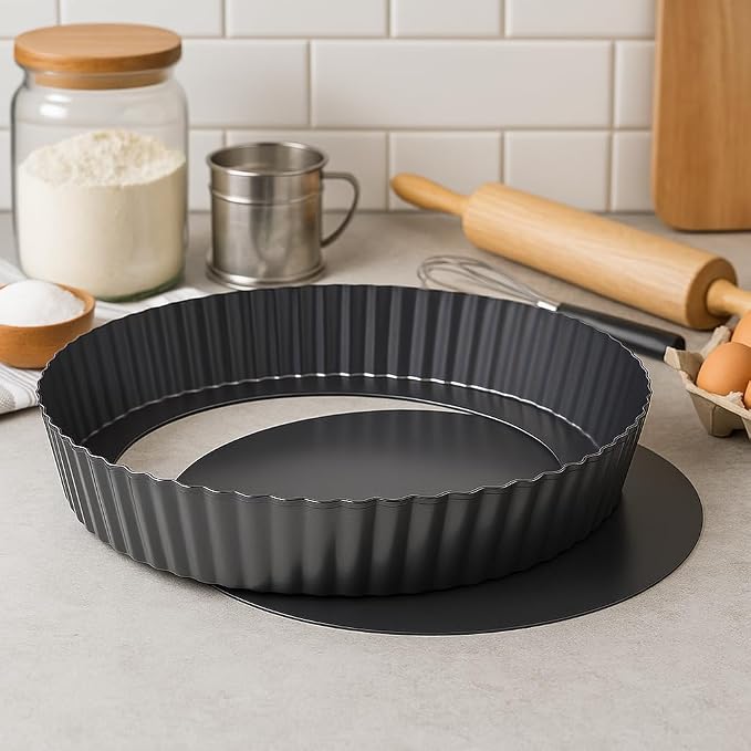 Set of 3 Deep Dish Pie Pan with Removable Bottom - Fluted Carbon Steel Tart Pan for Quiche Lorraine & Pies - Crispy Crust Baking Dish for Home Bakers - 7.87, 9.44 and 11 inches