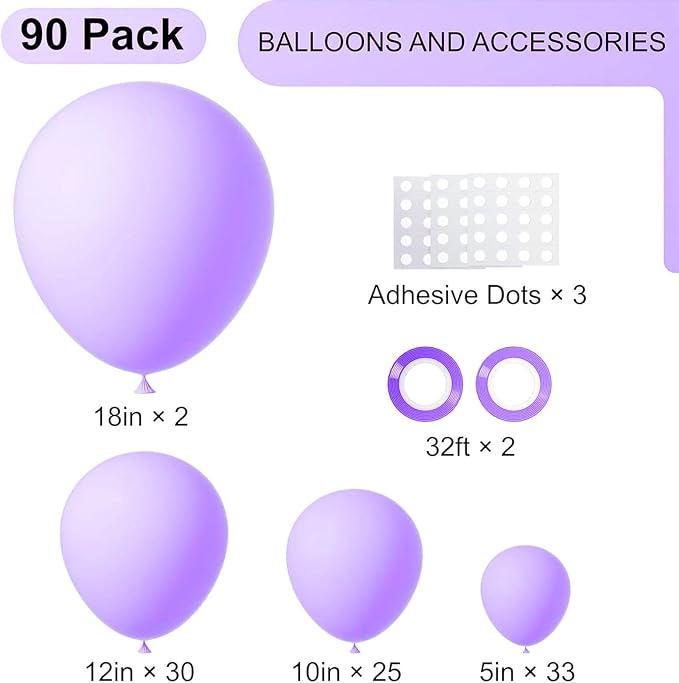 Voircoloria 90pack Pastel Purple Balloons Different Size 18/12/10/5 Inch Pastel Purple Balloon Garland Arch Kit for Graduation, Wedding, Birthday, Baby Shower, Anniversary, New Year Party Decorations
