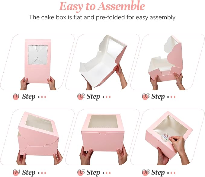 COTOPHER 50 Pcs Cake Boxes 8 Inch, 8x8x5 Inches Cake Containers (25 Boxes & 25 Boards), Pink Bakery Boxes with Windown for Cookies, Desserts, Cupcake, Pastries, Birthday, Wedding, Mother's Day