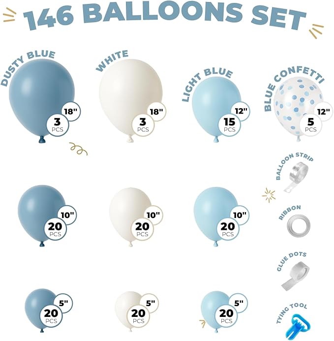 Balloon Garland Arch Kit – 146 Pcs Dusty Blue, White, Light Blue & Confetti Balloons for Baby Shower, Birthday, Gender Reveal, Wedding Party – DIY Kit by Vellax™