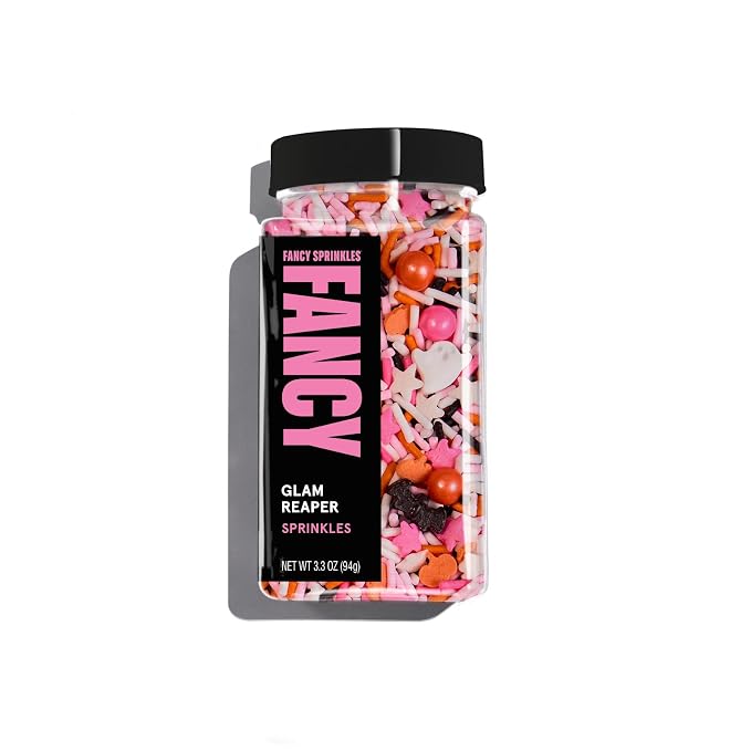 Fancy Sprinkles Glam Reaper Sprinkles | Pink, Orange, Black & White Jimmies | Bat & Pumpkin Shaped Candy | Halloween Cake, Cupcake & Cookie Decorating | 1 Pack (0.5c)