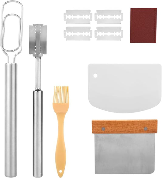 Danish Dough Whisk Set, Stainless Steel Bread Whisk Sourdough Mixer with Cutter Scraper Pastry Brush Knife & Storage Bag for Cooking Baking
