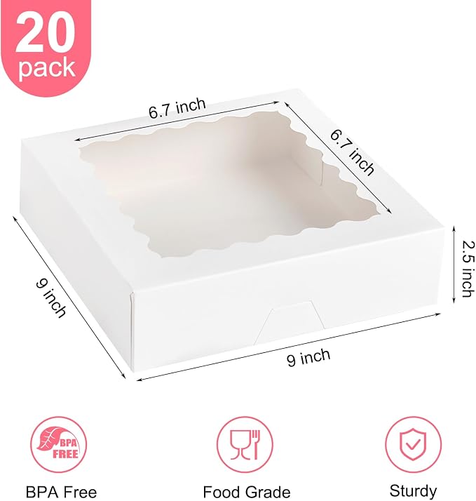 Kucoele Pie Boxes, 9 x 9 x 2.5 Inches, 20 PCS, White | Auto-Popup, with Window, Bakery Boxes, Cookie Boxes, Treat Boxes, For Chocolate Strawberries, Pastries, Muffins, Donuts