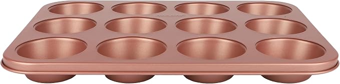 David Burke 12-Cup Muffin Pan, Carbon Steel, PFTE & PFOA Free, Oven Safe, Diamond Textured Surface – Rose Gold