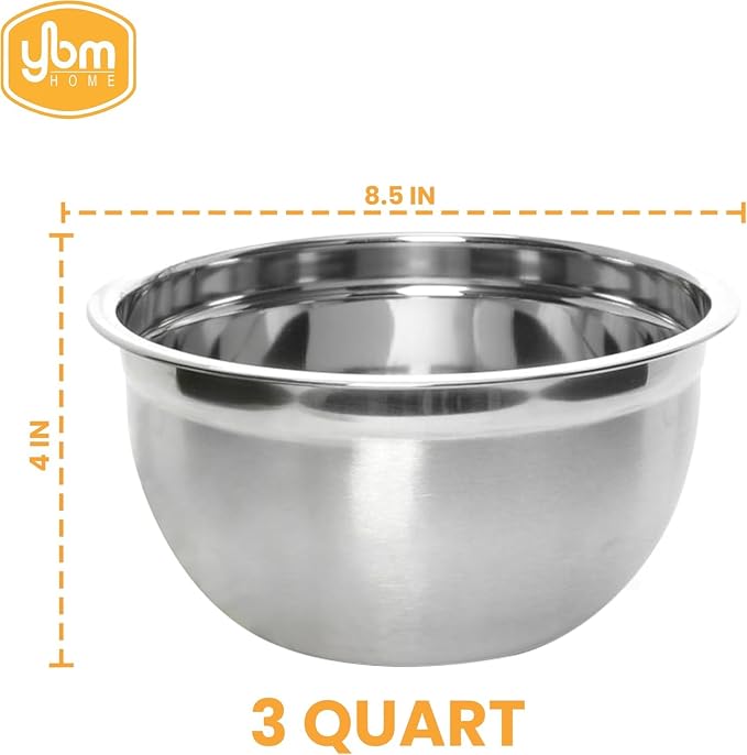 YBM HOME Heavy Duty Professional Stainless Steel Mixing Bowl – Commercial Grade Deep Prep & Serving Bowl for Baking, Cooking, Dough Mixing & Food Prep, Dishwasher Safe, 3 Quarts