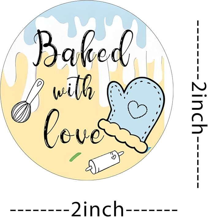 500 Pcs Baked with Love Stickers 2 Inch Round Hand Made with Love Labels 4 Unique Design Perfect for for Cookie Cupcake Stickers,Homemade Bakery Bread Bags Labels