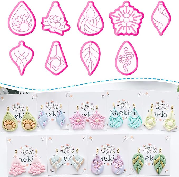 Xaekicr 9 Pcs Boho Polymer Clay Cutters with Hole - Lotus, Leaf & Mandala Shape Jewelry Making Tools for Earrings & Pendants, Soft Clay Molds
