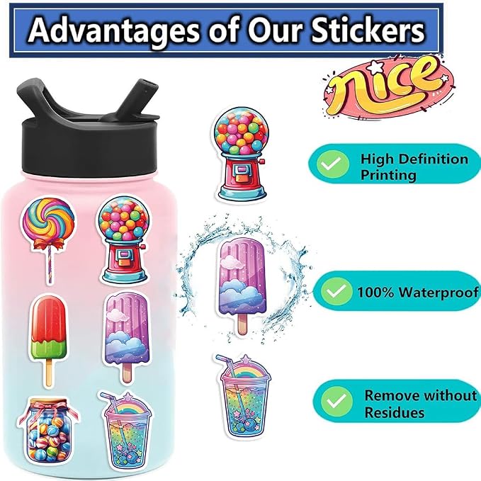 Cute Candies Lollipops Ice-Cream Cake Aesthetic Stickers, 50PCS Funny Sweets Aesthetic Waterproof Stickers for Water Bottles Laptop Journal Scrapbook, Sweet Snack Decals