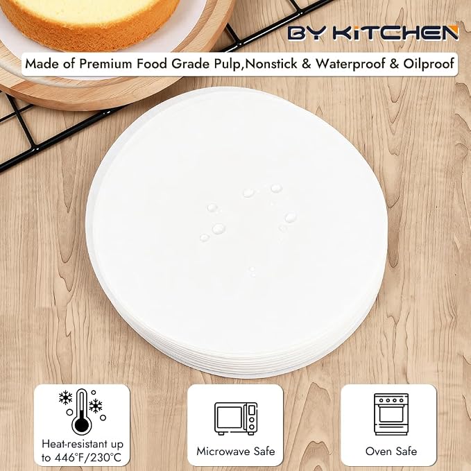 BYKITCHEN 9 Inch Parchment Paper Rounds, Set of 150, Non Stick Round Parchment Paper for Baking, Pre-cut Cake Pan Liners for Round Cake Pan, Springform Pan, Air Fryer and More