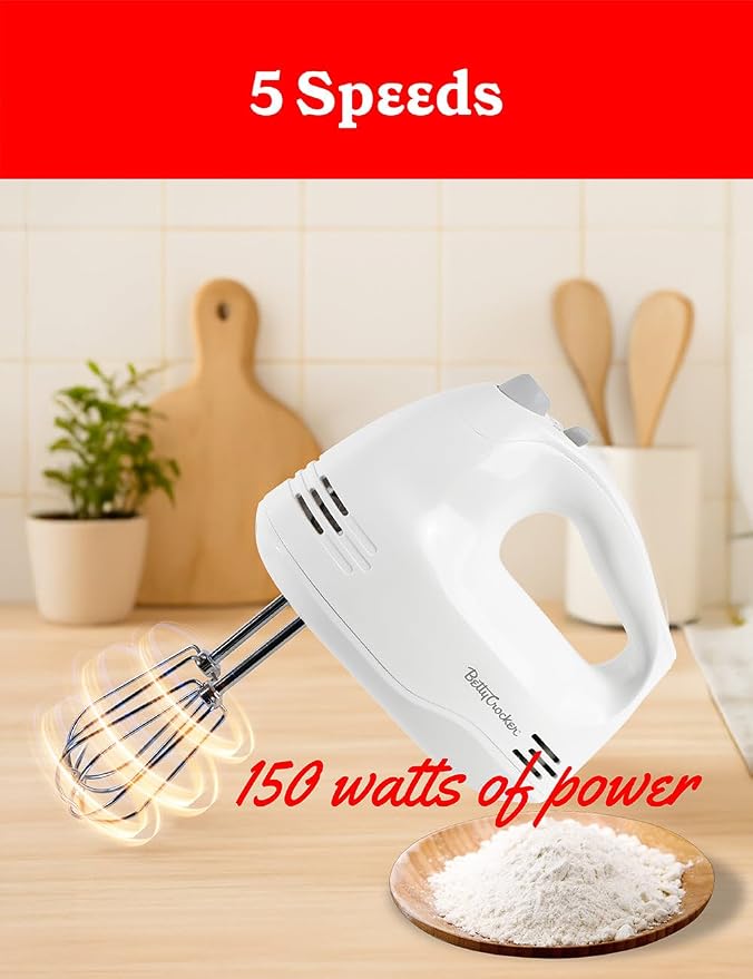 Betty Crocker 5-Speed Hand Mixer, 150 Watts Power, Easy-Clean Chrome Plate Beaters, Beater Eject Button, Heel Rest, Sleek Compact Design, Apartment Essentials, BC-4203WT, White