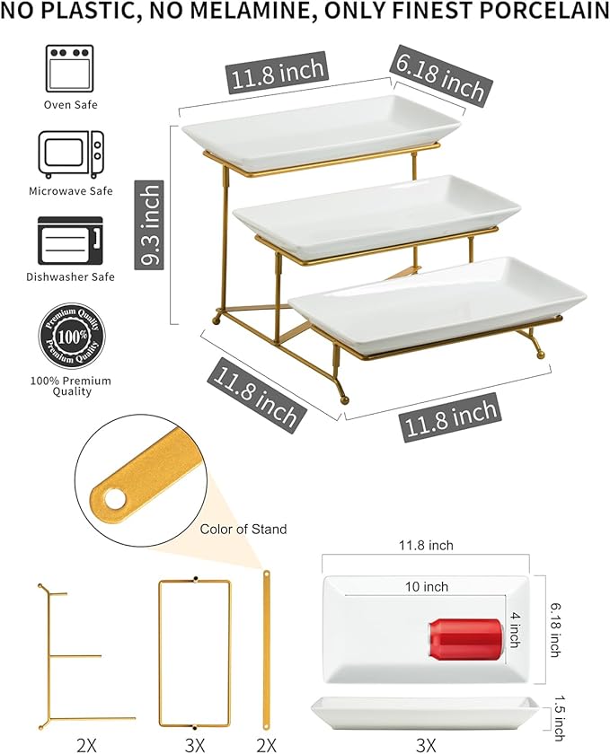 LAUCHUH 3 Tier Serving Tray, Porcelain Serving Platter Tier Serving Stand with Collapsible Sturdier Rack, Serving Trays and Platters Dessert Party Display Set for Father's Day, Gold, 12 Inch