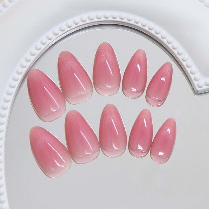 30Pcs Press on Nails Short Almond ZWENJIE Cat Eye Fake Nails Press ons Nail Tips Stick on Nails Pink Blush Tip Acrylic Nails Kit French False Nails with Blue Tip Design Nail Art for Women Manicure