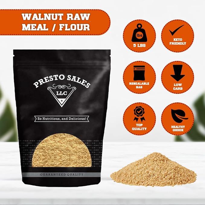 Walnut, Raw Flour/Meal, Californian Luscious, Finely Ground, Fresh, Cooking, Baking, Protein, Fiber, Healthy, Breads, Useful, Packed in a Resealable 5 lbs. (80 oz.) Pouch bag by Presto Sales LLC
