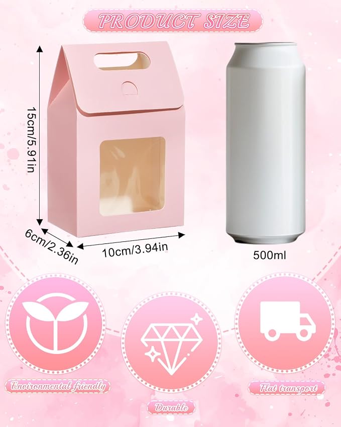 24 Pieces MINI Kraft Paper Gift Bags with Clear Window Small Goodies Gift Boxes with Handle 5.9 x 3.9 x 2.3inch Gable Candy Treat Box for Purim, Bakery Cookies, Wedding Favors, Small Business (pink)