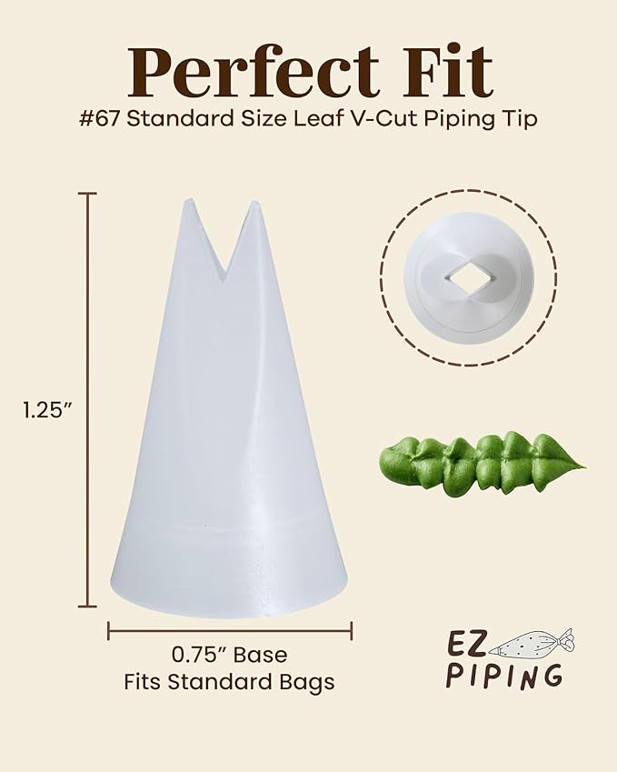 Reusable Plastic Piping Tips Standard Size Leaf Tip #67 100 Pack with 2 Couplers V-Cut Icing Nozzle for Cake Decoration, Dessert Design Baking Supplies & Piping Bags Base Ø 0.75"Height 1.25"
