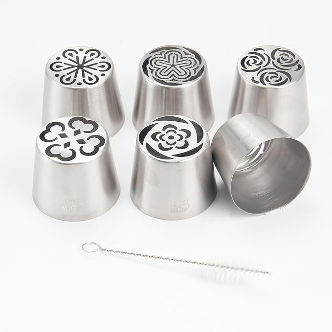 Extra Large Russian Piping Tip Set - 6 Stainless Steel Marshmallow Buttercream Framing Nozzles for 3D Roses Tulip Cake Decorations and Marshmallow Bouquets, Includes 1 Cleaning Brush(6E)