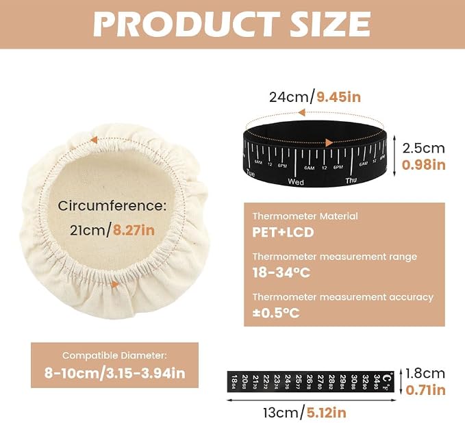 9pcs Sourdough Starter Kit,3 Bread Fermentation Cover 3 Thermometer 3 Feeding Date Band,Sourdough Starter Jars Cloth Covers,Breathable Reusable Sourdough Bread Proofing Cover