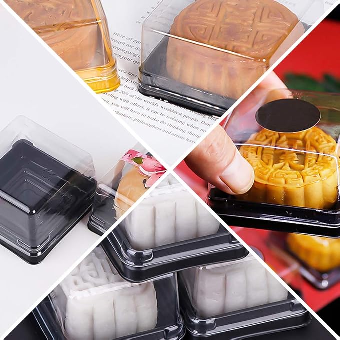 100 Pcs Mini Cake Containers with Lids, 2.75" Square Mooncake Box for 50g Pastry, Clear Plastic Individual Cupcake Holder for Muffin, Egg-Yolk Puff, Dessert Display (Black)