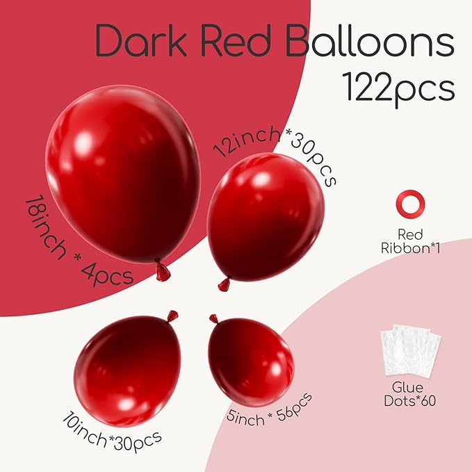 122pcs Dark Red Balloons Different Sizes, 18 12 10 5 inch Dark Red Balloon Arch Kit for Wedding Bridal Shower Birthday Party Decorations
