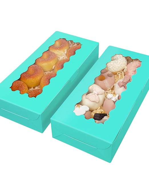 qiqee 50 Packs Mint Blue Cookie Box with Window 12x5.5x2.5 Inch Two Uses Pastry Biscuit Bakery Box For Packaging