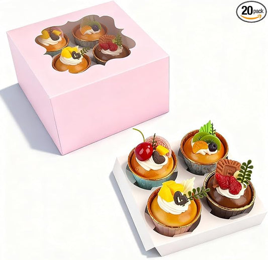 Cupcake Boxes with Window, 20 Pack 6.5x6.5x3 Inch Bakery Boxes for 4 Cupcakes, Muffins, Cookies & Pastries, Disposable Dessert Boxes with Insert Holder (Pink)