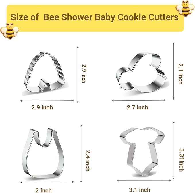 8 Pieces Bee Theme Baby Shower Cookie Cutter Set, Stainless Steel Small Bee Biscuit Cutters Baby Bottle, Bee, Rattle, Bib Fondant Molds Perfect for Baby Shower Bee Birthday Party Baking Supplies