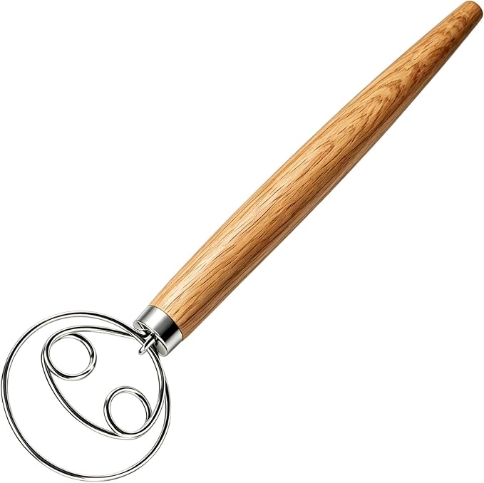 Maxjoy Danish Dough Whisk, Stainless Steel Wooden Handle, Dutch Hand Mixing Tool for Sourdough Pizza Bread Baking
