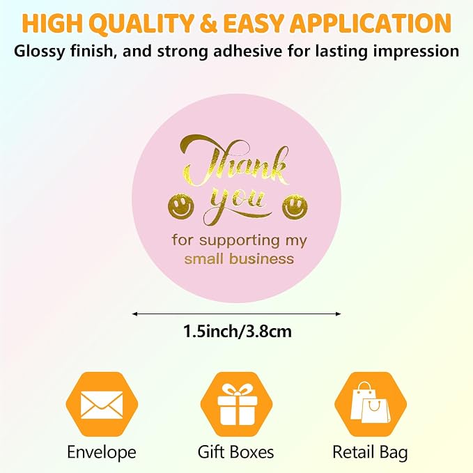1000 PCS Thank You Stickers for Small Business, Pink and Rose Gold | 1.5 Inch, Smile Design Stickers, Envelope Seals for Packaging, Gift Bags, Boxes