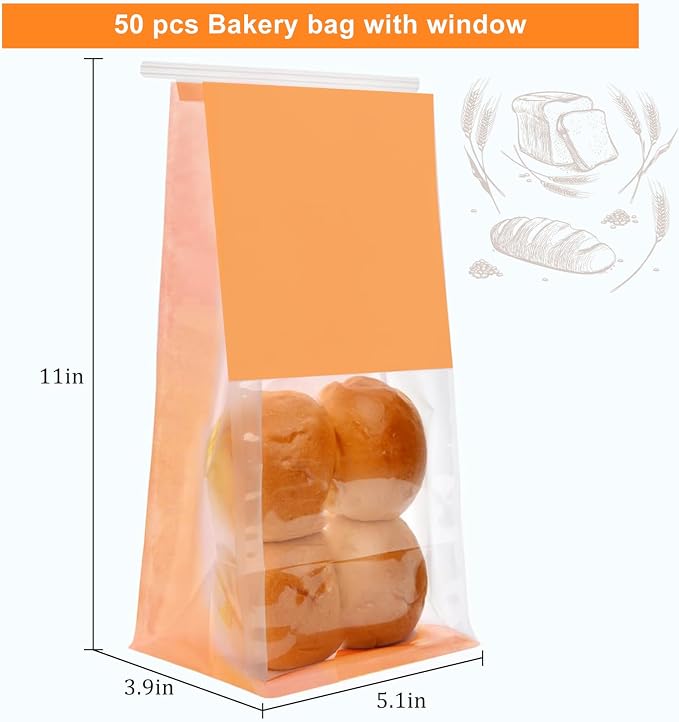 50 Pack Bakery Bags with Window - Reusable Kraft Paper Bread Bags with Tin Tie Tab Lock, Can Stand Upright, Orange