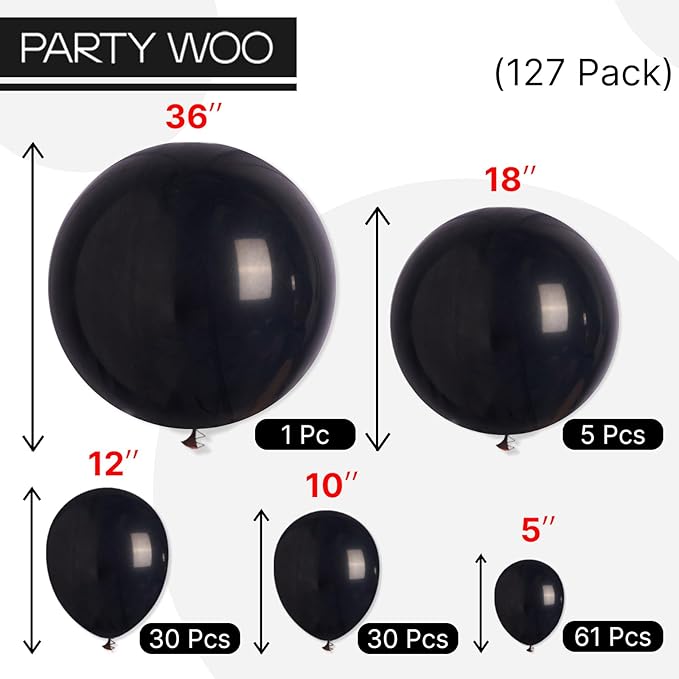PartyWoo Black Balloons 127 pcs Different Sizes Pack of 36 18 12 10 5 Inch Matte Black Latex Balloon Arch Kit Garland for Graduation Halloween New Year Engagement Birthday Party Decorations Black-Y18