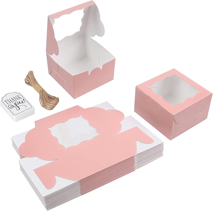 KPOSIYA 60 Pcs Pink Bakery Boxes with Window Individual Cupcake Boxes 4x4x2.5 Inches Cookie Boxes Kraft Paper Pink Gift Box for Pastries, Cookies, Pie, Donuts, Macaroon