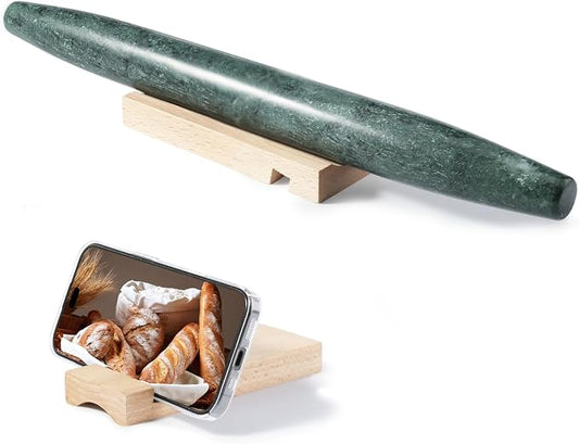 French Marble French Rolling Pin with Wooden Resting Base, 15 inch Kitchen Baking Tool for Baking with Non-Stick Surface, Ideal as a Dough Roller for Pie Crust, Cookie, Pasta