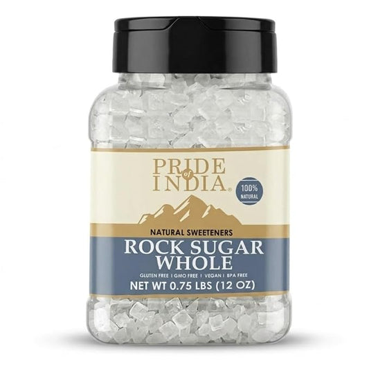 Pride Of India - Natural Crystal Rock Sugar Whole - 12 oz (340 gm) Medium Dual Sifter Jar - Authentic Indian Sugar Crystals - Used to Sweeten Milk or Tea - Offers Best Value for Money
