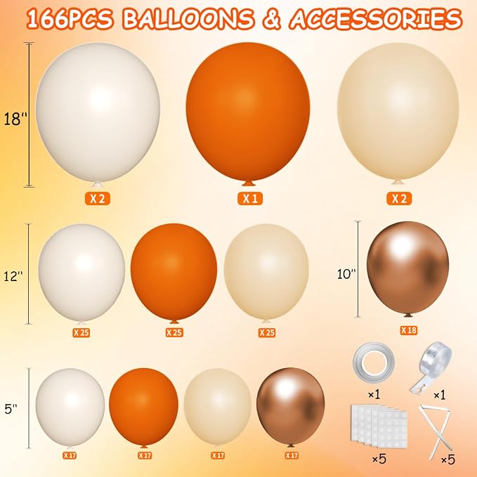 MEBAY Orange White Gold Balloon Garland Arch Kit, 166Pcs Boho Fall Balloons for Birthday Autumn Thanksgiving Day Wedding Baby Shower Party Decorations