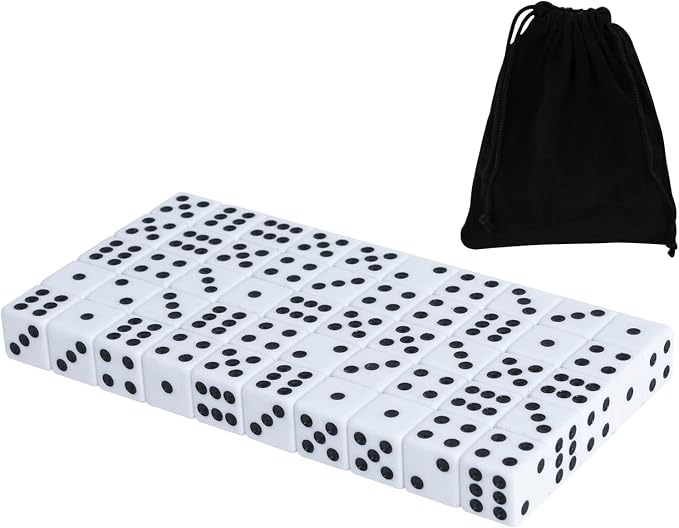 50 Pack 16MM White Dice - Six Sided Standard Opaque | Black Pips Dots, For Board Games, Group Event, Teaching Math
