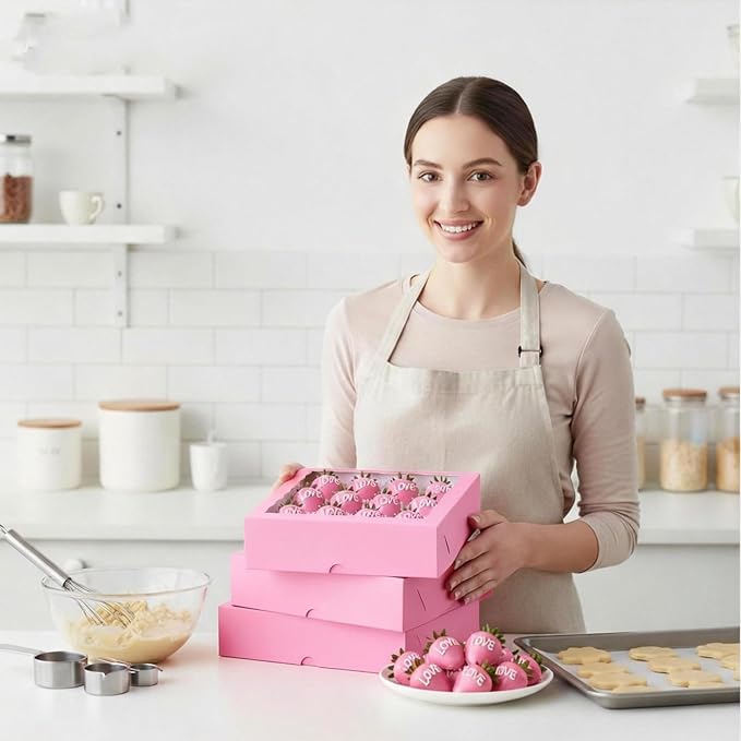 Pie Boxes Pink Bakery Boxes with Window (6pcs, 9x9x2.5 Inch) for Christmas: Ideal for Pie, Cookies, Chocolate Covered Strawberries, Breakable Heart & Charcuterie