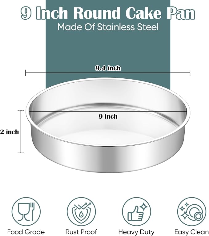 TeamFar 9 Inch Cake Pan, Stainless Steel Round Layer Cake Baking Pan Tin for Birthday Wedding, Non-Toxic & Heavy-Duty, Mirror Finish & Leak Proof, Oven & Dishwasher Safe