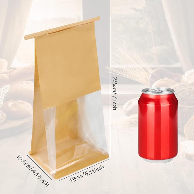 100PCS Bread Bags for Homemade Sourdough Bakery Cookie Kraft Paper Bag 5.1 x 4.13 x 11 Inch Tin Tie Tab Lock Loaf Treat Bag with Window for Bakery Cafe Homemade Breads Packaging
