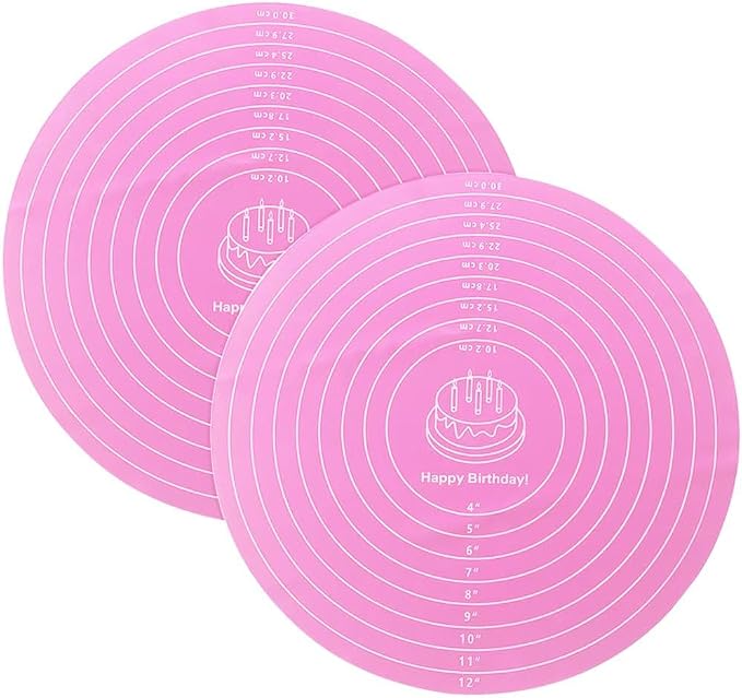 2-Pack 12 Inch Pink Silicone Baking Pad, Round Cake Decorating Mat for Rotating Stand, Non-Stick Fondant Work Surface, Washable Pastry Sheet for Bread Pizza Dough