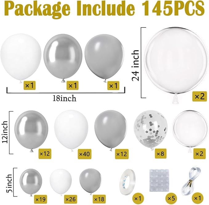 White Silver Balloon Arch Kit Garland with Grey Clear Balloons for Birthday Winter Wonderland Baby Shower Bridal Shower Engagement Wedding Anniversary Party Decorations