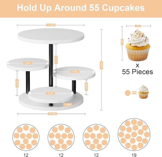 Dessert Stands for 50 Cupcakes 360°Rotating Wood Cupcake Stands Wedding Cake Stand 4 Tiered Cookie Serving Trays for Party Birthday Baby shower Afternoon Tea Dessert Table, White