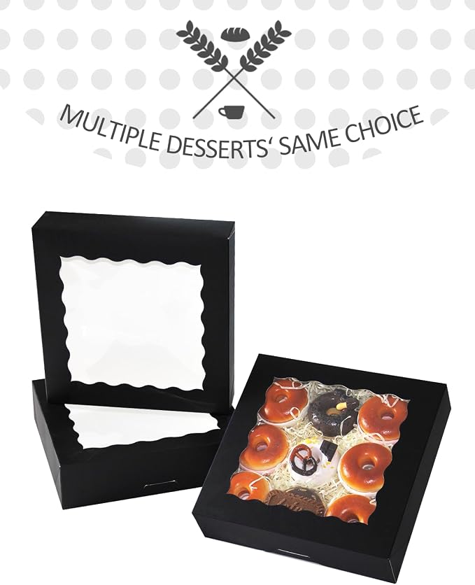 qiqee 9x9x2.5 Inch Black Pie Boxes with Window 12Packs Cookie Donut Bakery Box (Auto-pop Up)