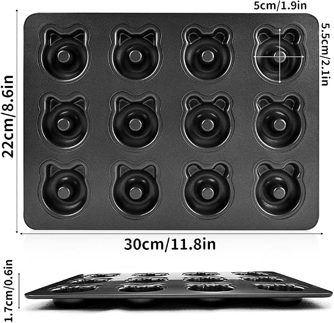 Donut Pans, 2" Non-Stick Cat & Bear-Shaped Donut Mold Cake Pan, 12 Cup Carbon Steel Doughnut Pan for Home Baking