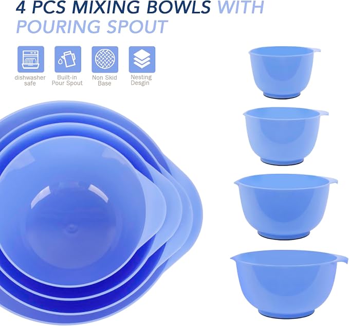 BoxedHome 4.5 Quart Large Plastic Mixing Bowls, Microwave Safe Mixing Bowl Set with Pour Spout, Nesting Bowls for Space Saving Storage(Violet Blue)