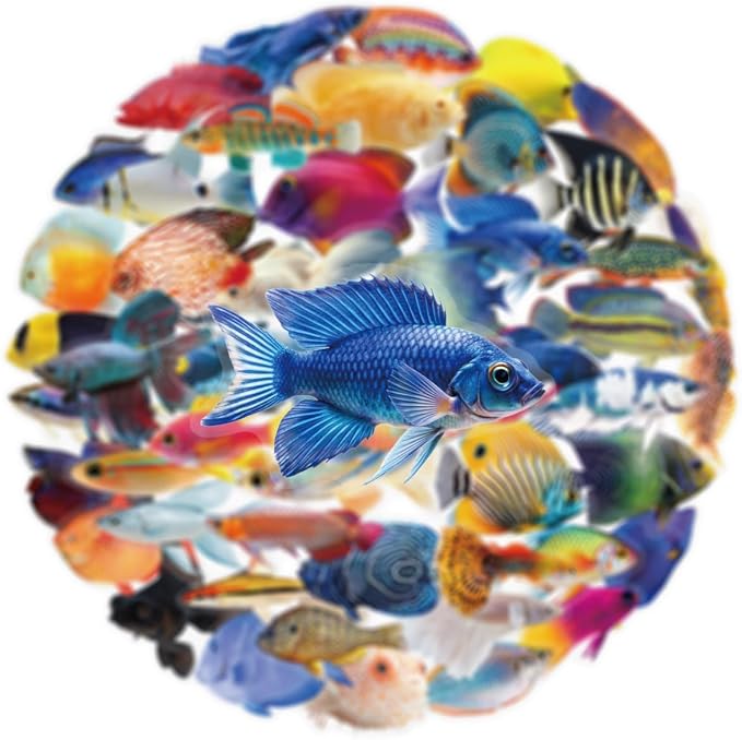 50 Pcs PET Transparent Fish Stickers, Waterproof Vinyl Colorful Tropical Fish Decals for Laptop Skateboard Luggage, Vivid Aquatic Creature Stickers Gift for Kids Teens Adults（Fish