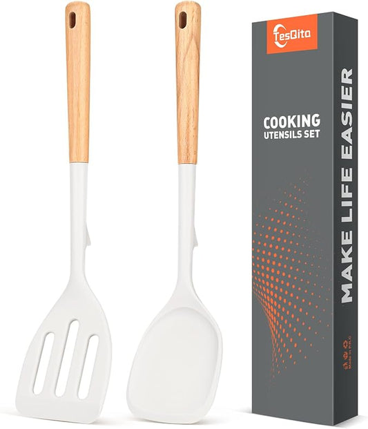 Silicone Cooking Spatula, Heat Resistant Solid Turner, Slotted Spatulas with Wooden Handle,Ideal Wood Kitchen Utensils Set for Frying, Baking, Flipping, Turning,Pack of 2 (White)