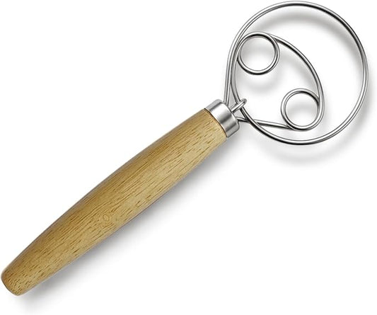 Danish Dough Whisk for Sourdough Bread, Stainless Steel with Wooden Handle, Manual Mixer Tool for No Knead Bread, Pizza and Baking