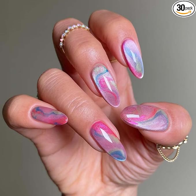 30Pcs Press on Nails Short Almond ZWENJIE Cat Eye Fake Nails Press ons Nail Tips Stick on Nails Tip Acrylic Nails Kit French False Nails with Colorful Blend Design Nail Art for Women Manicure
