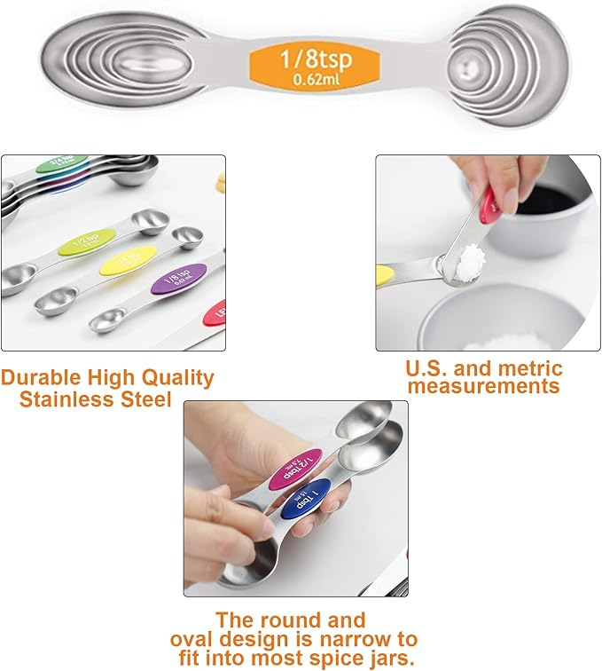 Magnetic Measuring Spoons Set - Stainless Steel Stackable Dual Sided Teaspoon Tablespoon for Measuring Dry and Liquid Ingredients, Measuring Spoons for Cooking & Baking, Fits in Spice Jars, Set of 8